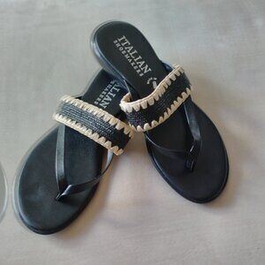 Italian Black Sandals with Cream Crochet Trim